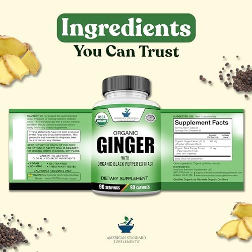 Extracto Orgánico de Jengibre con Extracto de Pimienta Negra de American Standard Supplements, Vegano, Sin Gluten, No Transgénico, 90 Cápsulas - imagen 6