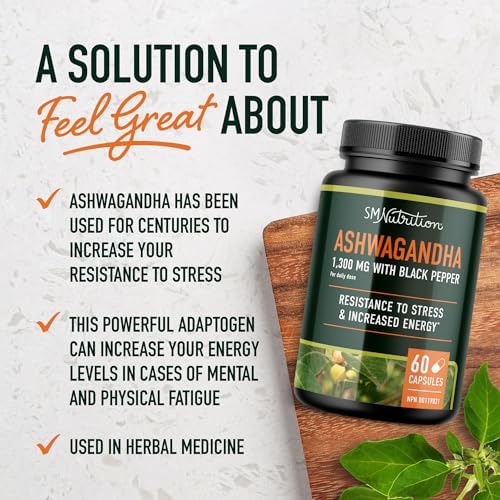 Suplemento de Ashwagandha 1300mg para Resistencia al Estrés y Aumento de Energía | Adaptógeno de Alta Absorción con Pimienta Negra | Apoyo para la - imagen 2