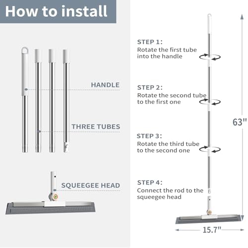 Squeegee para Piso de Concreto con Cabezal Rotatorio de 180° y Mango de 63, Ideal para Garaje, Piso Epóxico, Baño, Ducha y Eliminación de Pelo de - imagen 8