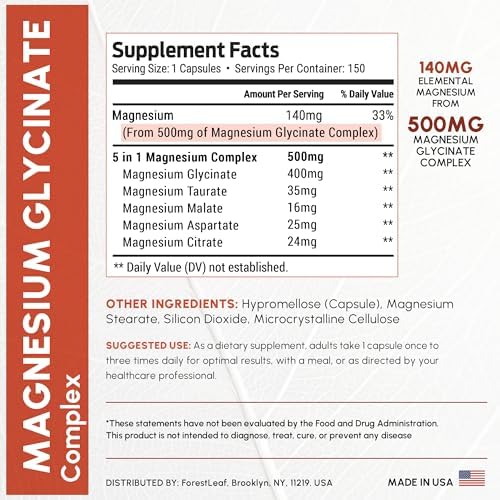 Complejo de Glicinato de Magnesio 500mg - Suplemento de Magnesio en Cápsulas para Sueño y Calma - No GMO, 3er Parte Verificado - 150 Pastillas para - imagen 4