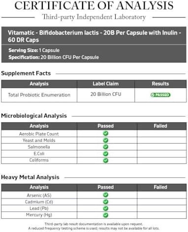 Vitamatic Bifidobacterium lactis - 20 Mil millones por cápsula DR - 60 cápsulas - Apoyo digestivo - Con fibra prebiótica inulina - imagen 3