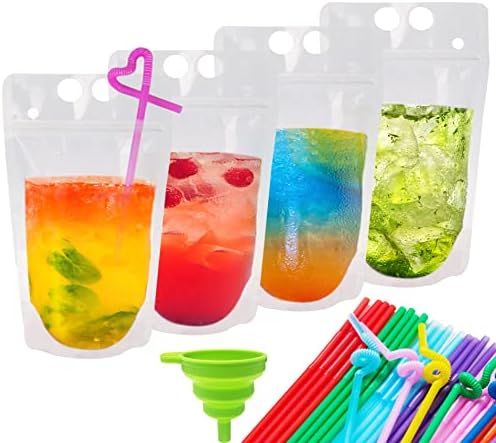 Ozera 100 Pzs Bolsitas para Bebidas, 16 Oz Reutilizables para Jugos, Bolsas de Plástico Resistentes con 100 Popotes y Embudo para Bebidas Frías y - imagen 1
