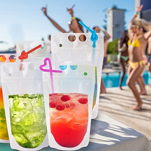Ozera 100 Pzs Bolsitas para Bebidas, 16 Oz Reutilizables para Jugos, Bolsas de Plástico Resistentes con 100 Popotes y Embudo para Bebidas Frías y - imagen 7