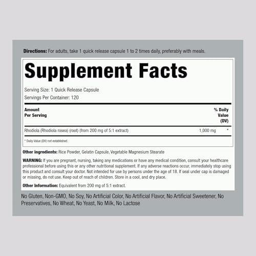 Suplemento de Rhodiola Rosea Piping Rock | 120 Cápsulas | Extracto de Hierbas Concentrado | Sin OGM, Libre de Gluten - imagen 2