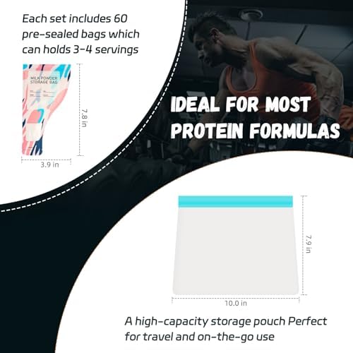 Contenedores Desechables para Proteína – 60 Bolsitas de Uso Único, Almacenamiento a Prueba de Fugas para Suplementos con Bolsa y Cucharilla para - imagen 3