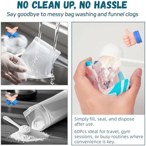 Contenedores Desechables para Proteína – 60 Bolsitas de Uso Único, Almacenamiento a Prueba de Fugas para Suplementos con Bolsa y Cucharilla para - imagen 4