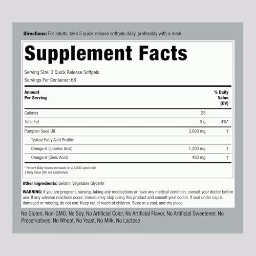 Cápsulas de Aceite de Semilla de Calabaza Piping Rock | 200 Unidades | Suplemento Herbal Prensado en Frío | Omega 6 y 9, Sin OGM, Libre de Gluten - imagen 2
