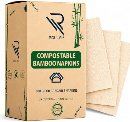 Servilletas de cóctel Rollay 300 de bambú - Servilletas desechables compostables de 2 capas certificadas por FSC - 5x5 pulgadas plegadas, - imagen 1