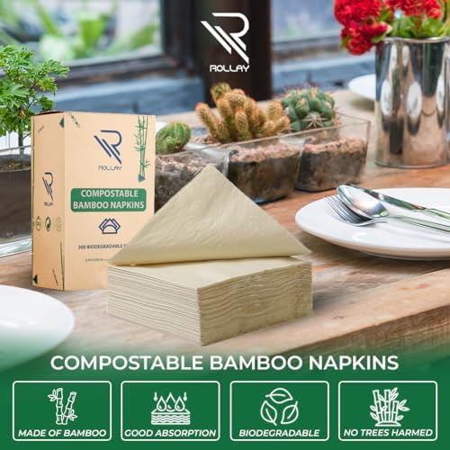Servilletas de cóctel Rollay 300 de bambú - Servilletas desechables compostables de 2 capas certificadas por FSC - 5x5 pulgadas plegadas, - imagen 2