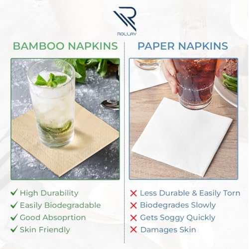 Servilletas de cóctel Rollay 300 de bambú - Servilletas desechables compostables de 2 capas certificadas por FSC - 5x5 pulgadas plegadas, - imagen 4