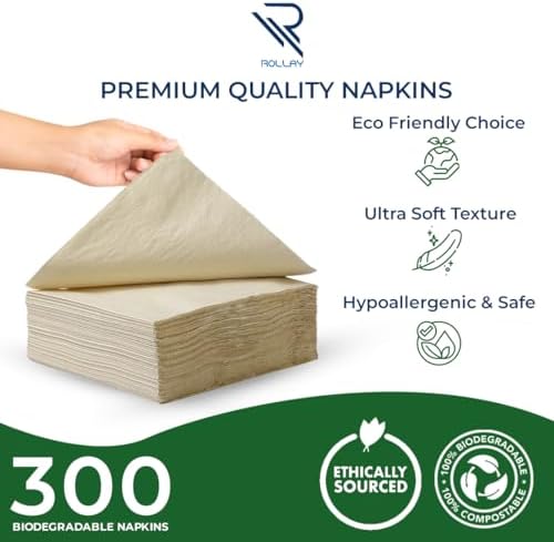 Servilletas de cóctel Rollay 300 de bambú - Servilletas desechables compostables de 2 capas certificadas por FSC - 5x5 pulgadas plegadas, - imagen 5