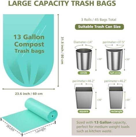 Bolsas de Basura Compostables AYOTEE de 13 Galones, 45 Piezas, Biodegradables para Cocina, Baño y Oficina, Bolsas Grandes para Compostaje - imagen 3