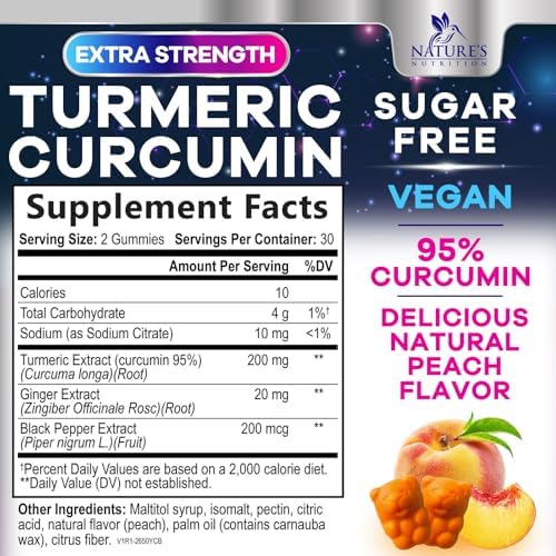 Gomitas de Cúrcuma y Curcumina Sin Azúcar - 95% Curcuminoides con Jengibre y Pimienta Negra para Mejor Absorción, Soporte Articular Vegano, Sabor - imagen 2
