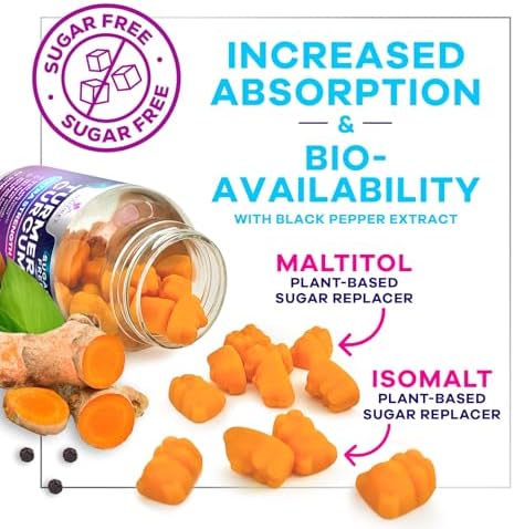 Gomitas de Cúrcuma y Curcumina Sin Azúcar - 95% Curcuminoides con Jengibre y Pimienta Negra para Mejor Absorción, Soporte Articular Vegano, Sabor - imagen 6
