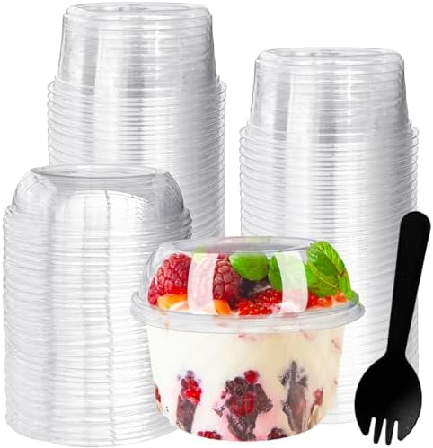 Tiaiidi 50 Piezas de Vasos Plásticos Desechables Transparentes de 12 oz con Tapa de Domo y Cucharas, Vasos para Postres y Snacks - imagen 1