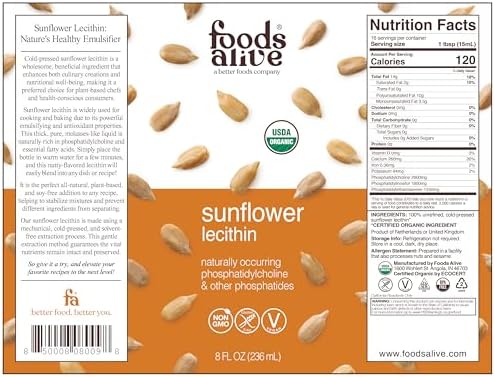 Lecitina de Girasol Orgánica Líquida Foods Alive, Prensada en Frío, Extra Virgen, Sin Refinar, 8 Fl Oz (Paquete de 1) - imagen 2