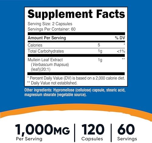Extracto de Hoja de Mullein Nutricost 120 Cápsulas - 60 Porciones por Botella, Vegano, Sin OGM y Sin Gluten - imagen 2