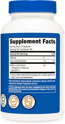 Extracto de Hoja de Mullein Nutricost 120 Cápsulas - 60 Porciones por Botella, Vegano, Sin OGM y Sin Gluten - imagen 4