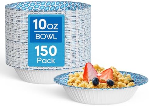 Tazones de Papel MUCHII de 10 Oz, Paquete de 150, Tazones Desechables Impermeables Impresos en Azul para Snacks, Postres y Comidas Ligeras - imagen 1