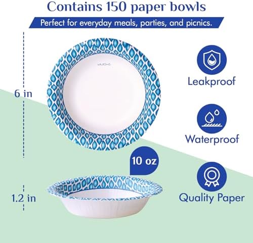 Tazones de Papel MUCHII de 10 Oz, Paquete de 150, Tazones Desechables Impermeables Impresos en Azul para Snacks, Postres y Comidas Ligeras - imagen 3