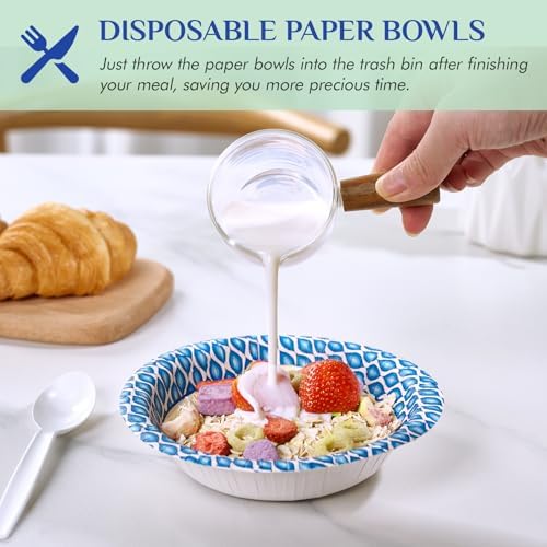 Tazones de Papel MUCHII de 10 Oz, Paquete de 150, Tazones Desechables Impermeables Impresos en Azul para Snacks, Postres y Comidas Ligeras - imagen 5