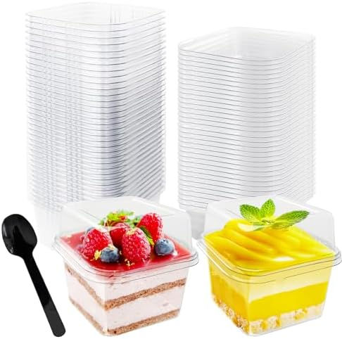 Alaeseje 60 Piezas de Vasos Plásticos Desechables de 8 oz con Tapas y Cucharas, Contenedores Cuadrados para Postres, Helado, Pudding, Yogur y Mousse - imagen 1