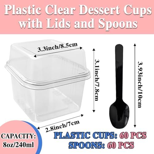 Alaeseje 60 Piezas de Vasos Plásticos Desechables de 8 oz con Tapas y Cucharas, Contenedores Cuadrados para Postres, Helado, Pudding, Yogur y Mousse - imagen 2