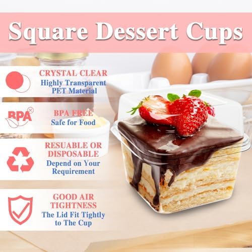 Alaeseje 60 Piezas de Vasos Plásticos Desechables de 8 oz con Tapas y Cucharas, Contenedores Cuadrados para Postres, Helado, Pudding, Yogur y Mousse - imagen 3