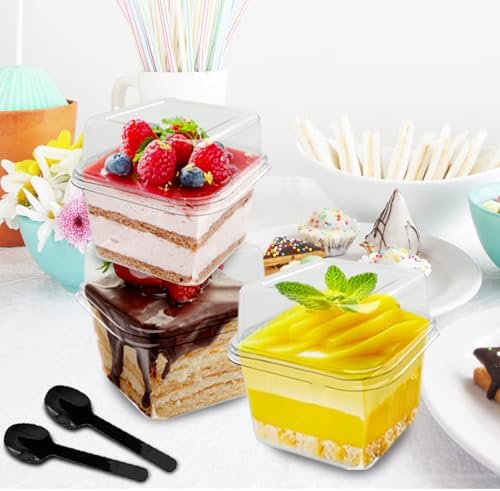 Alaeseje 60 Piezas de Vasos Plásticos Desechables de 8 oz con Tapas y Cucharas, Contenedores Cuadrados para Postres, Helado, Pudding, Yogur y Mousse - imagen 6