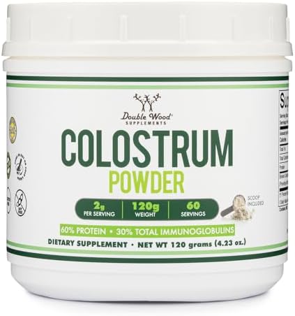 Polvo de Calostro Bovina Double Wood Supplements para Hombres y Mujeres, Salud Digestiva, Piel y Cabello, Soporte Inmunológico (120 Gramos, - imagen 1