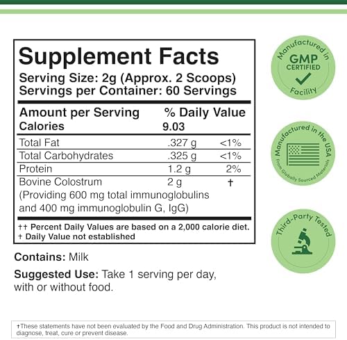 Polvo de Calostro Bovina Double Wood Supplements para Hombres y Mujeres, Salud Digestiva, Piel y Cabello, Soporte Inmunológico (120 Gramos, - imagen 2