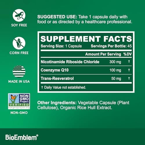 Suplemento BioEmblem de NAD+ | 300 mg de Ribósido de Nicotinamida con CoQ10 y Resveratrol | Apoya el Envejecimiento Saludable, Energía Celular y - imagen 2