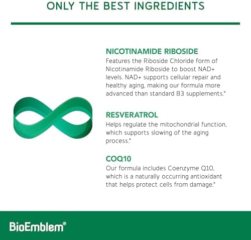 Suplemento BioEmblem de NAD+ | 300 mg de Ribósido de Nicotinamida con CoQ10 y Resveratrol | Apoya el Envejecimiento Saludable, Energía Celular y - imagen 3