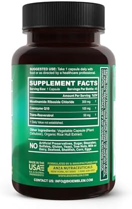 Suplemento BioEmblem de NAD+ | 300 mg de Ribósido de Nicotinamida con CoQ10 y Resveratrol | Apoya el Envejecimiento Saludable, Energía Celular y - imagen 6