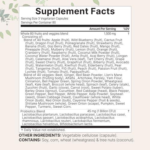 Suplemento de Frutas y Verduras Micro Ingredients con Probióticos, 240 Cápsulas Vegetarianas | Complejo de 80+ Super Greens y Frutas | Apoyo a la - imagen 2