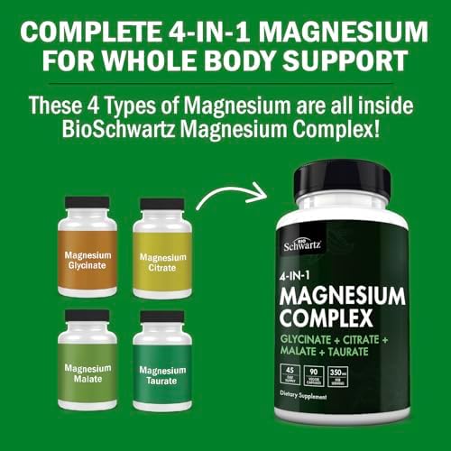 Suplemento de Magnesio BioSchwartz Complejo (90 Cápsulas) 350mg de Glicinato, Citrato, Malato y Taurato para Nervios, Músculos, Corazón y Sueño - imagen 4