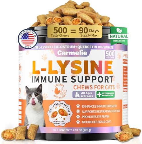 L-Lisina para Gatos, 500 Galletas de Apoyo Inmunológico, Suplemento con Colostro y Omega-3, Alivio para Estornudos y Nariz Congestionada, Sabor a - imagen 1
