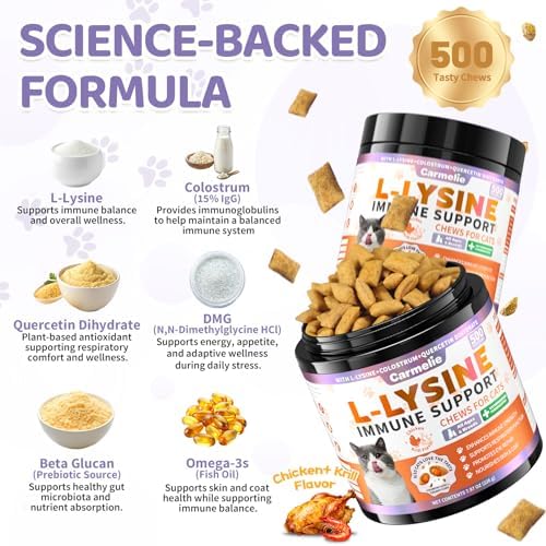 L-Lisina para Gatos, 500 Galletas de Apoyo Inmunológico, Suplemento con Colostro y Omega-3, Alivio para Estornudos y Nariz Congestionada, Sabor a - imagen 4