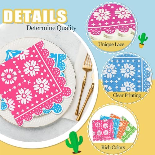Paquete de 100 Servilletas de Papel Mexicanas para Fiesta, Desechables y Decorativas, con Diseño de Papel Picado, para Cumpleaños, Bodas y - imagen 3