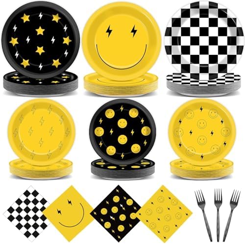 Decoraciones de Cumpleaños 96 Piezas con Caritas Sonrientes, Platos y Servilletas Amarillos, Utensilios para Fiesta de Bebé, Boda y Más - imagen 1
