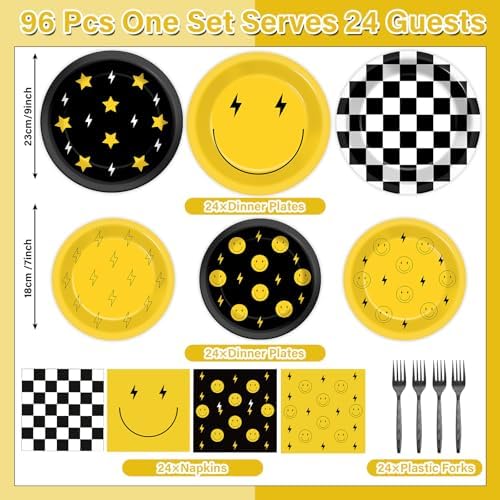 Decoraciones de Cumpleaños 96 Piezas con Caritas Sonrientes, Platos y Servilletas Amarillos, Utensilios para Fiesta de Bebé, Boda y Más - imagen 2