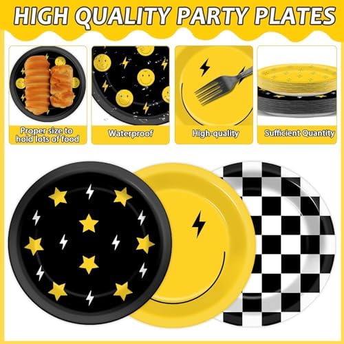 Decoraciones de Cumpleaños 96 Piezas con Caritas Sonrientes, Platos y Servilletas Amarillos, Utensilios para Fiesta de Bebé, Boda y Más - imagen 3