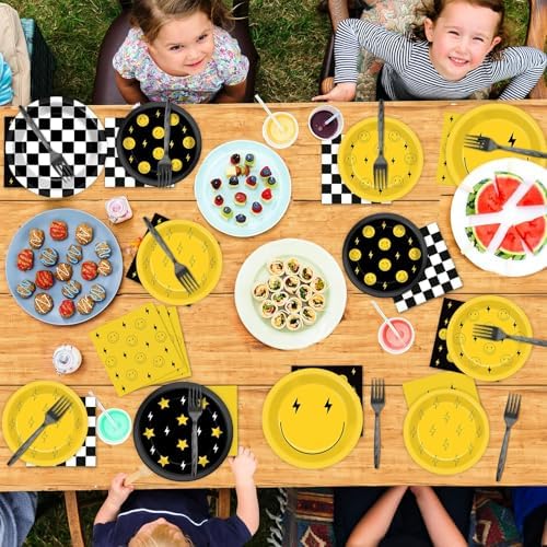 Decoraciones de Cumpleaños 96 Piezas con Caritas Sonrientes, Platos y Servilletas Amarillos, Utensilios para Fiesta de Bebé, Boda y Más - imagen 6