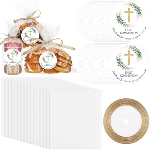 Yexiya 100 Bolsas de Celofán Transparentes para ra Comunión con Etiquetas de Bautizo y Listón Dorado para Fiestas y Snacks - imagen 1
