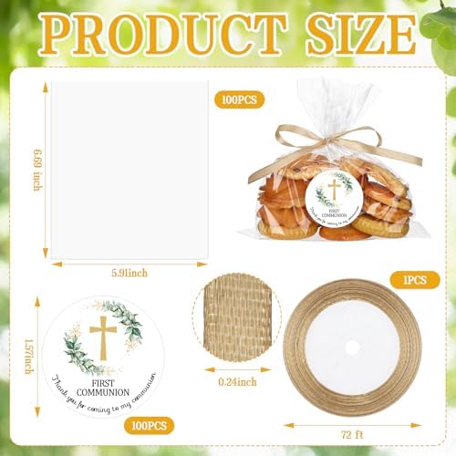 Yexiya 100 Bolsas de Celofán Transparentes para ra Comunión con Etiquetas de Bautizo y Listón Dorado para Fiestas y Snacks - imagen 2