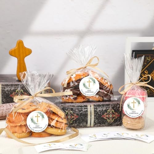 Yexiya 100 Bolsas de Celofán Transparentes para ra Comunión con Etiquetas de Bautizo y Listón Dorado para Fiestas y Snacks - imagen 3