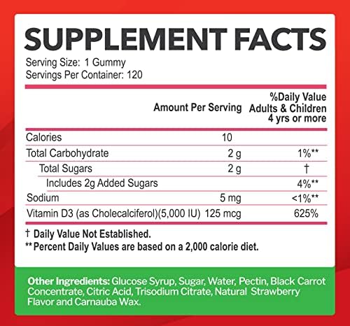 Gomitas de Vitamina D3 5000UI / 10,000UI para Adultos y Niños (120 piezas) - Máxima Potencia para el Sistema Inmunológico, Huesos y Dientes - Sin - imagen 5