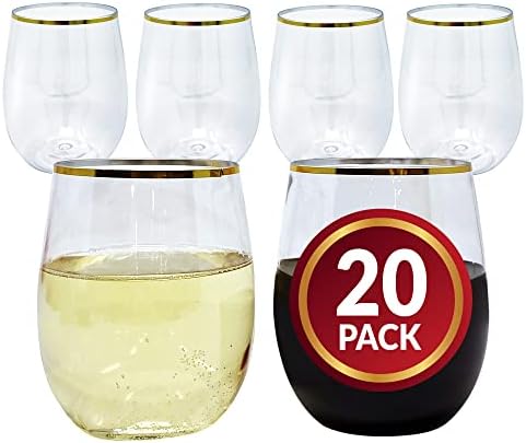 Vasos desechables para vino Reli de 12 oz con borde dorado (paquete de 20) | Cristal transparente, reutilizables y reciclables, plásticos de grado - imagen 1