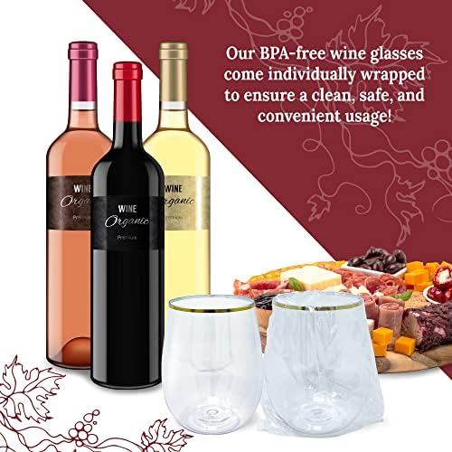 Vasos desechables para vino Reli de 12 oz con borde dorado (paquete de 20) | Cristal transparente, reutilizables y reciclables, plásticos de grado - imagen 3