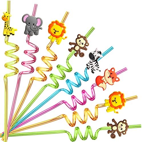 24 Popotes Reutilizables de Animales de la Selva para Fiesta de Cumpleaños de León, Zorro, Cebra y Jirafa, Incluye 2 Cepillos de Limpieza - imagen 1